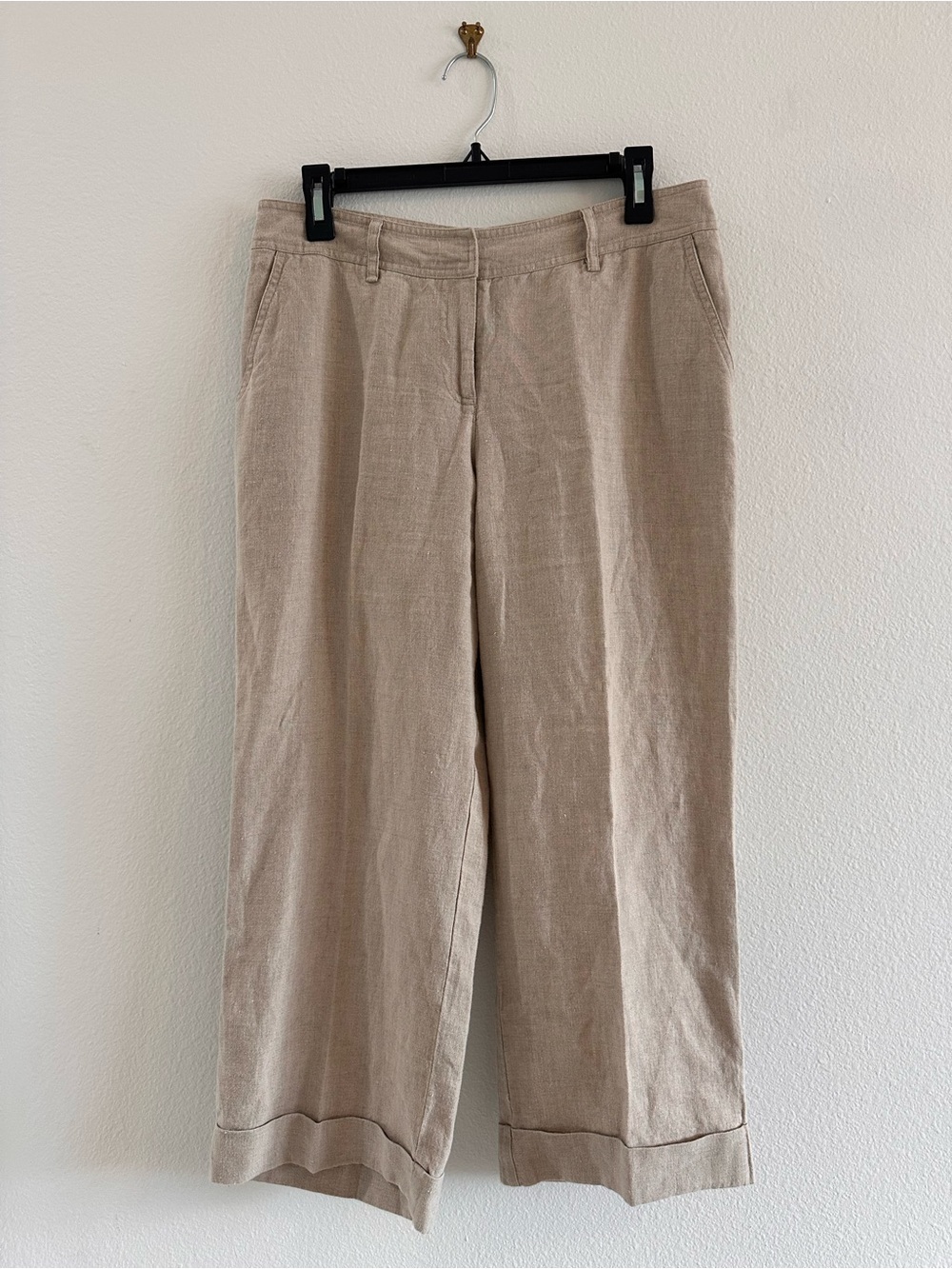 J. Jill Beige Wide-Leg Linen-Blend Cropped Flowy Chinos, Size 8